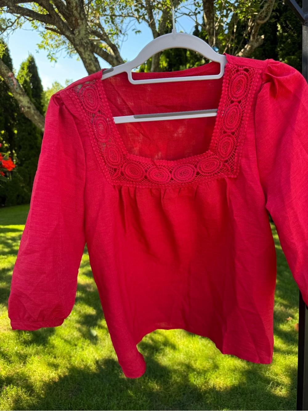 Women’s Red Crochet Yoke Peasant Top